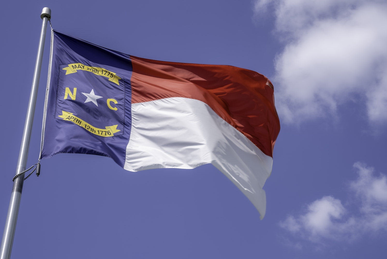 North Carolina Flag on a Pole Under Blue Sky